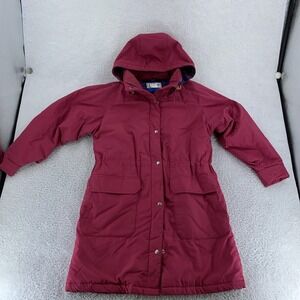 LL Bean Jacket Womens Medium Raspberry Hooded Parka Plaid Lined‎ Made USA Coat